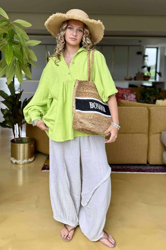 Made in Italy Santos Collared Peasant Smock Blouse Lime